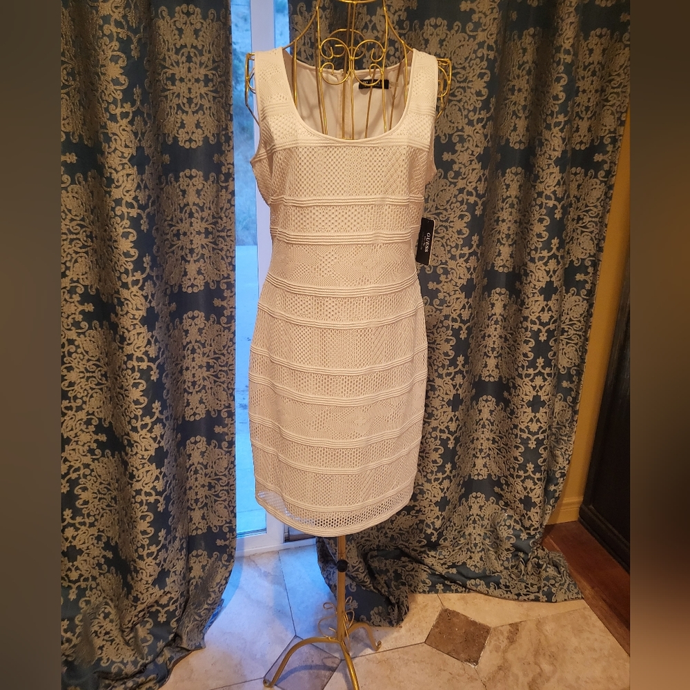 Lace Knee Length Dress, Size 10 Off white. Slip inside. Guess from Saks 5th